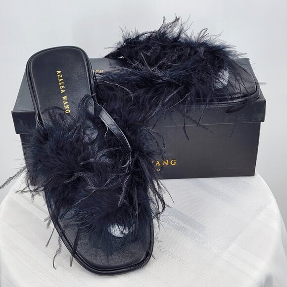 AZALEA WANG Pammy Black Maribou Feather Flat Thong Sandals Slippers 7.5 NWT - Picture 8 of 16